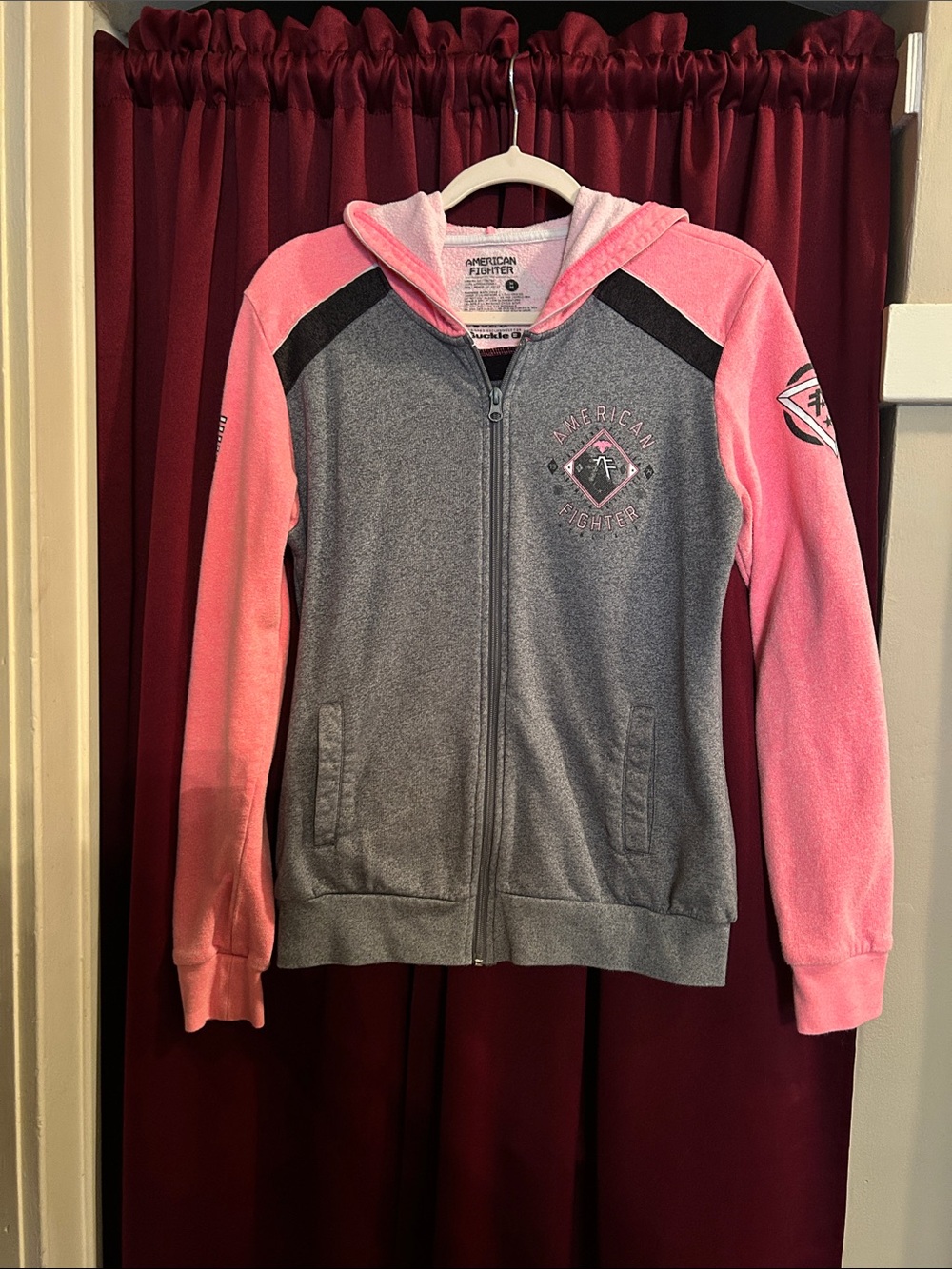 American Fighter Grey and Pink Women’s ' Zip Hoodie M